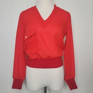 Vintage Joseph Cherry Red Semi Sheer Pullover Banded Blouson Top Rockabilly S